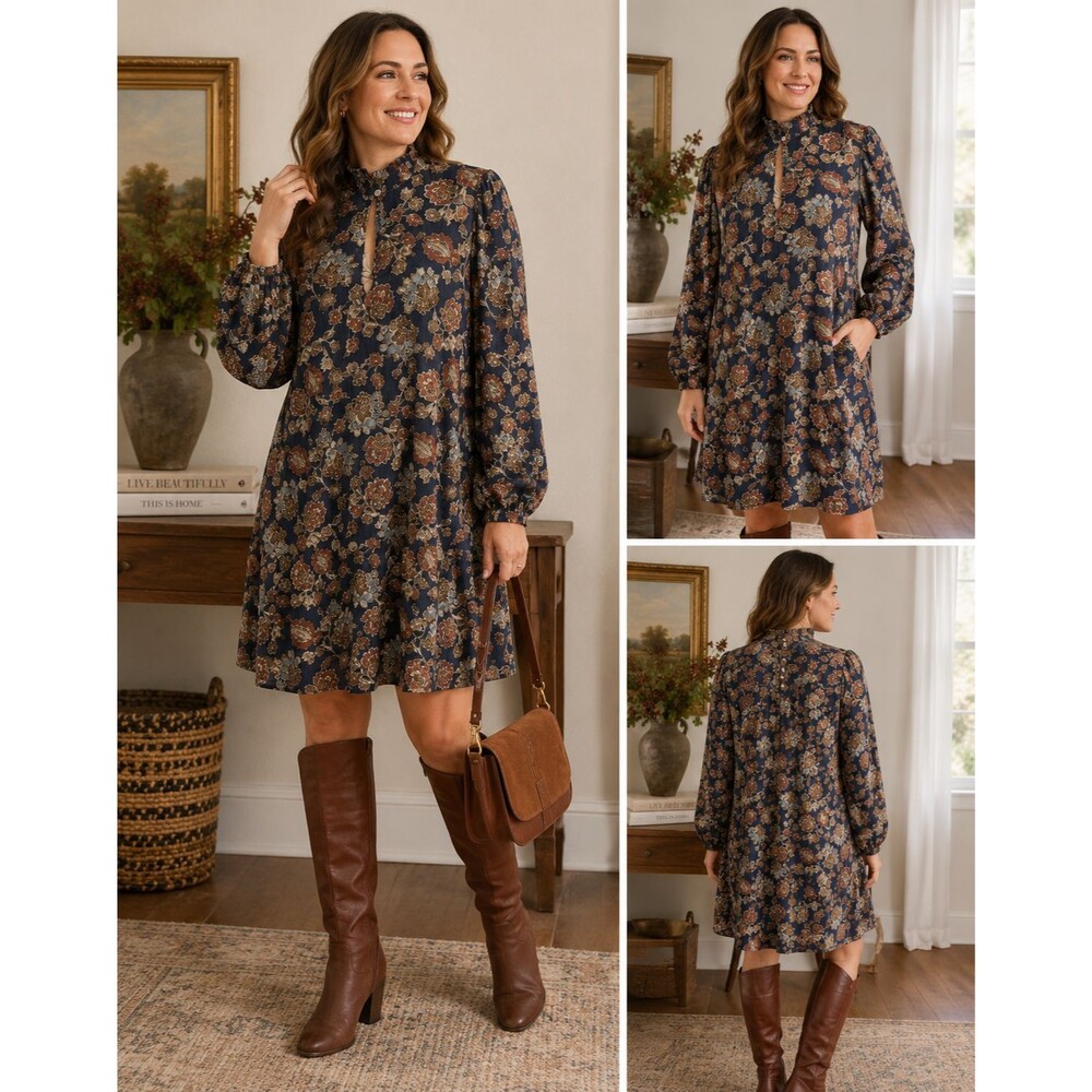 Harper Rose Womens Size 10 Floral Trapeze Dress Mock Neck Balloon Sleeve Boho
